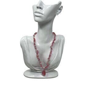 Glass Necklace Pink‎ Chips Silver Tone Handcarfted Pendant 18"